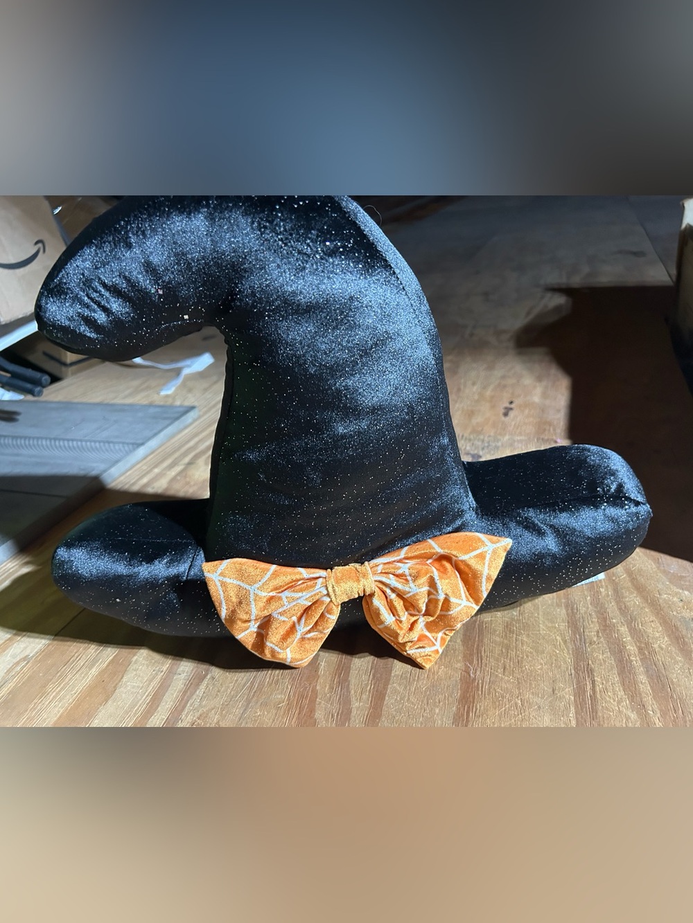 Halloween pillow Black Velvet Witch Hat with Orange Bow 14”x17”